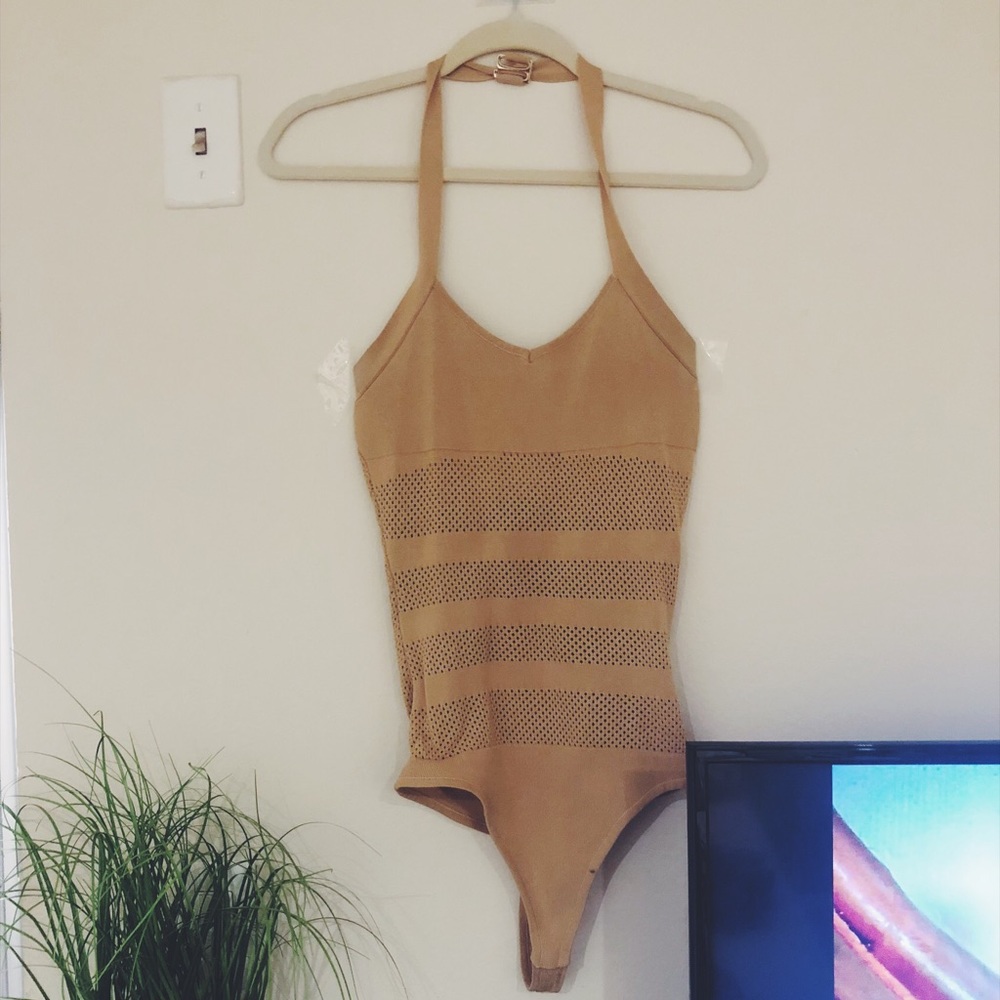 Nude halter ribbed mesh bodysuit